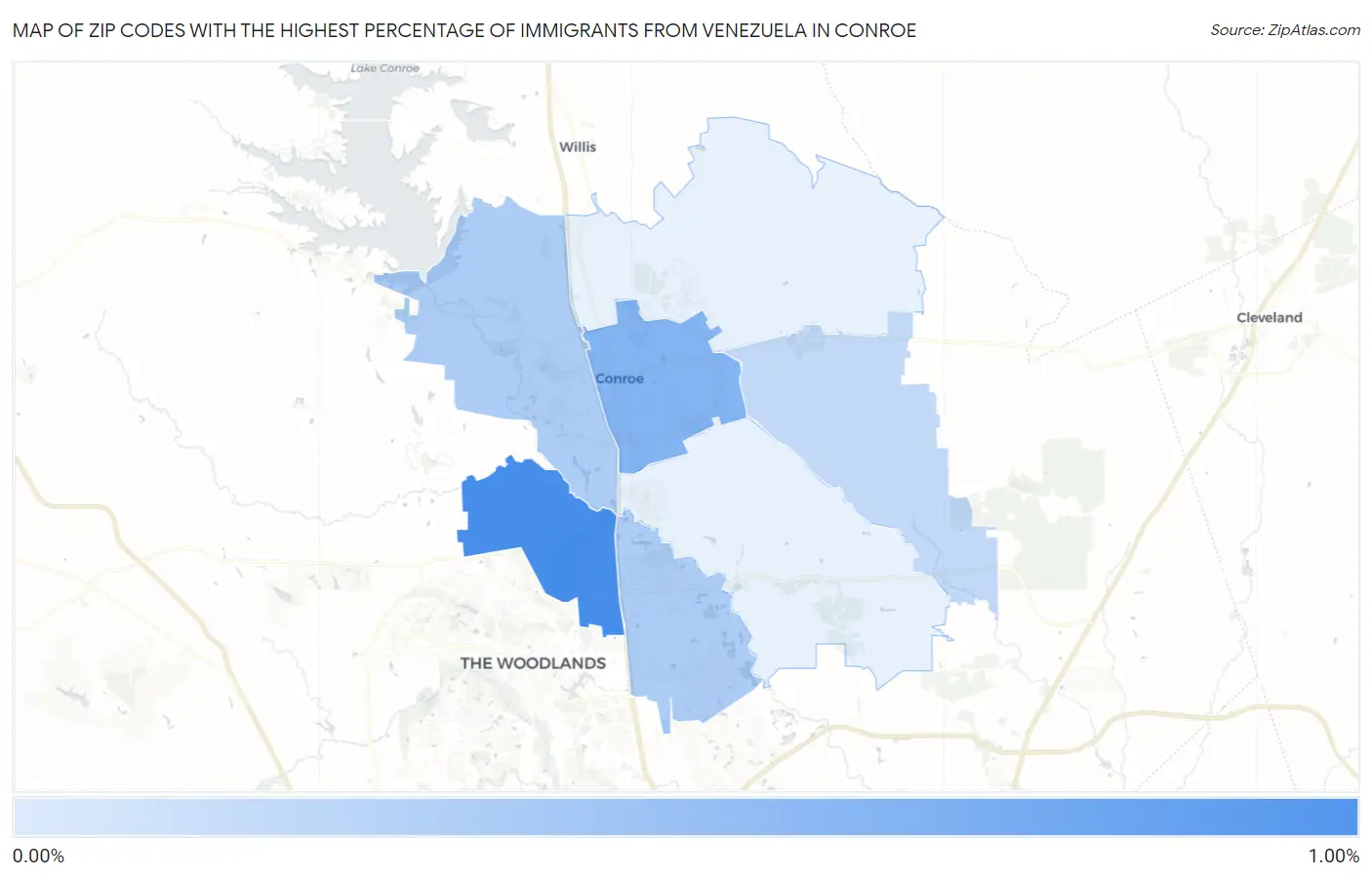 Zip Codes with the Highest Percentage of Immigrants from Venezuela in Conroe Map