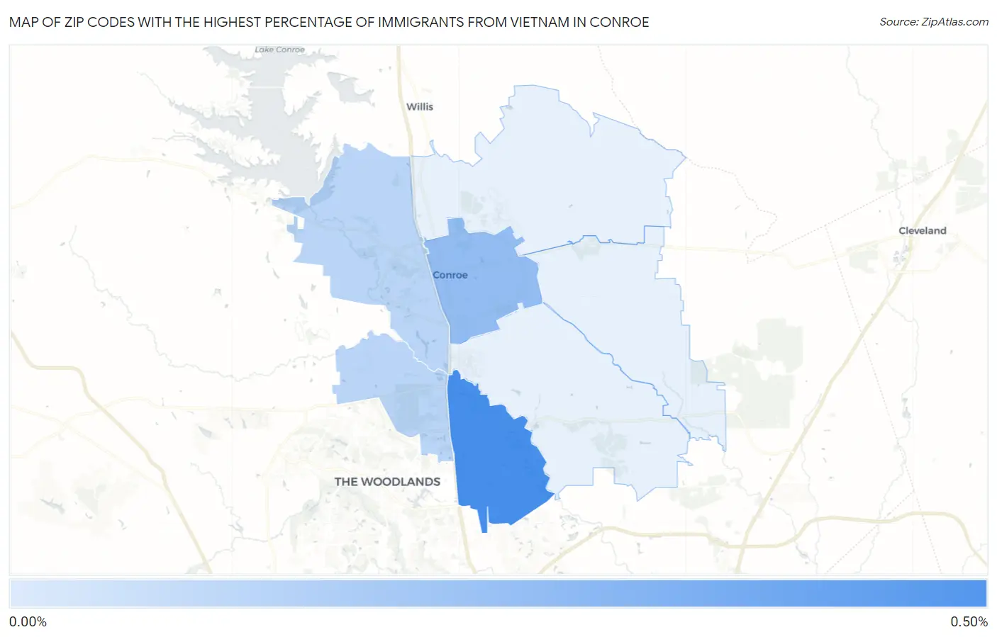 Zip Codes with the Highest Percentage of Immigrants from Vietnam in Conroe Map