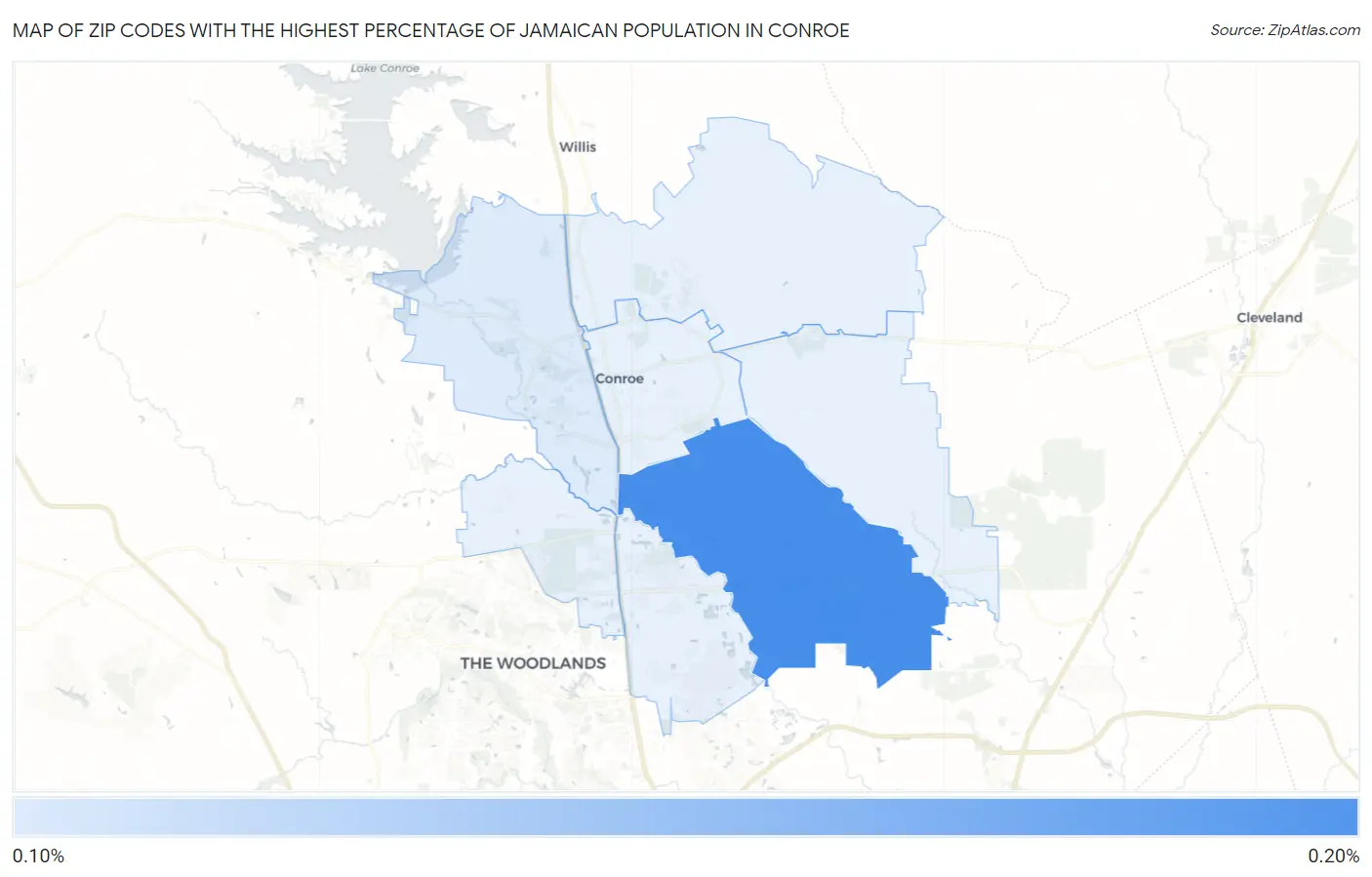 Zip Codes with the Highest Percentage of Jamaican Population in Conroe Map