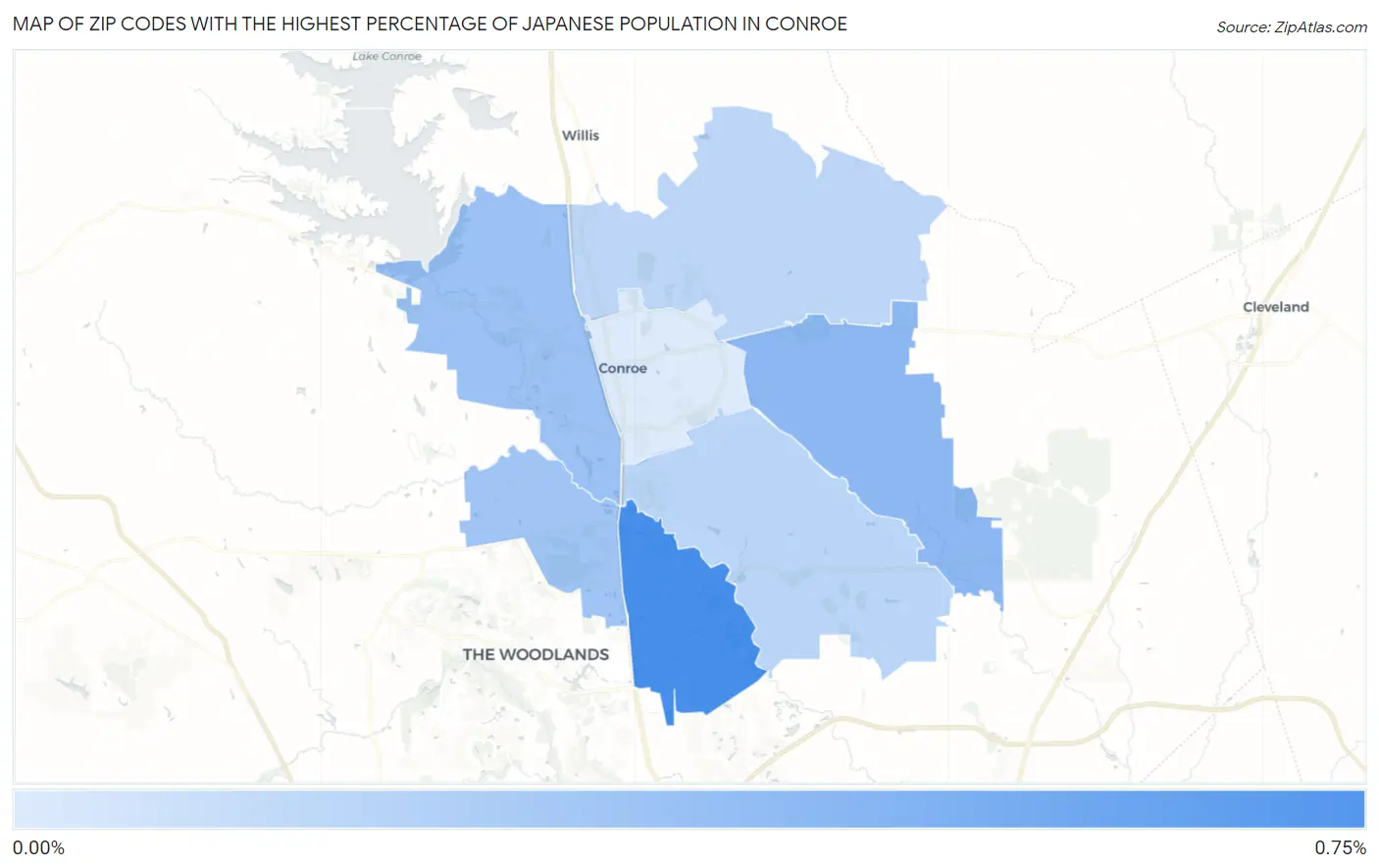 Zip Codes with the Highest Percentage of Japanese Population in Conroe Map