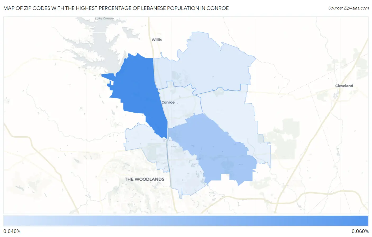 Zip Codes with the Highest Percentage of Lebanese Population in Conroe Map