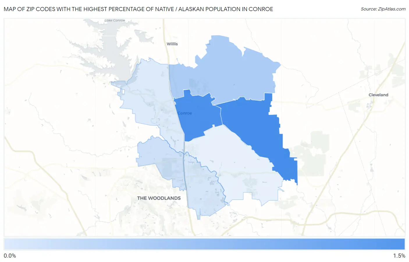 Zip Codes with the Highest Percentage of Native / Alaskan Population in Conroe Map
