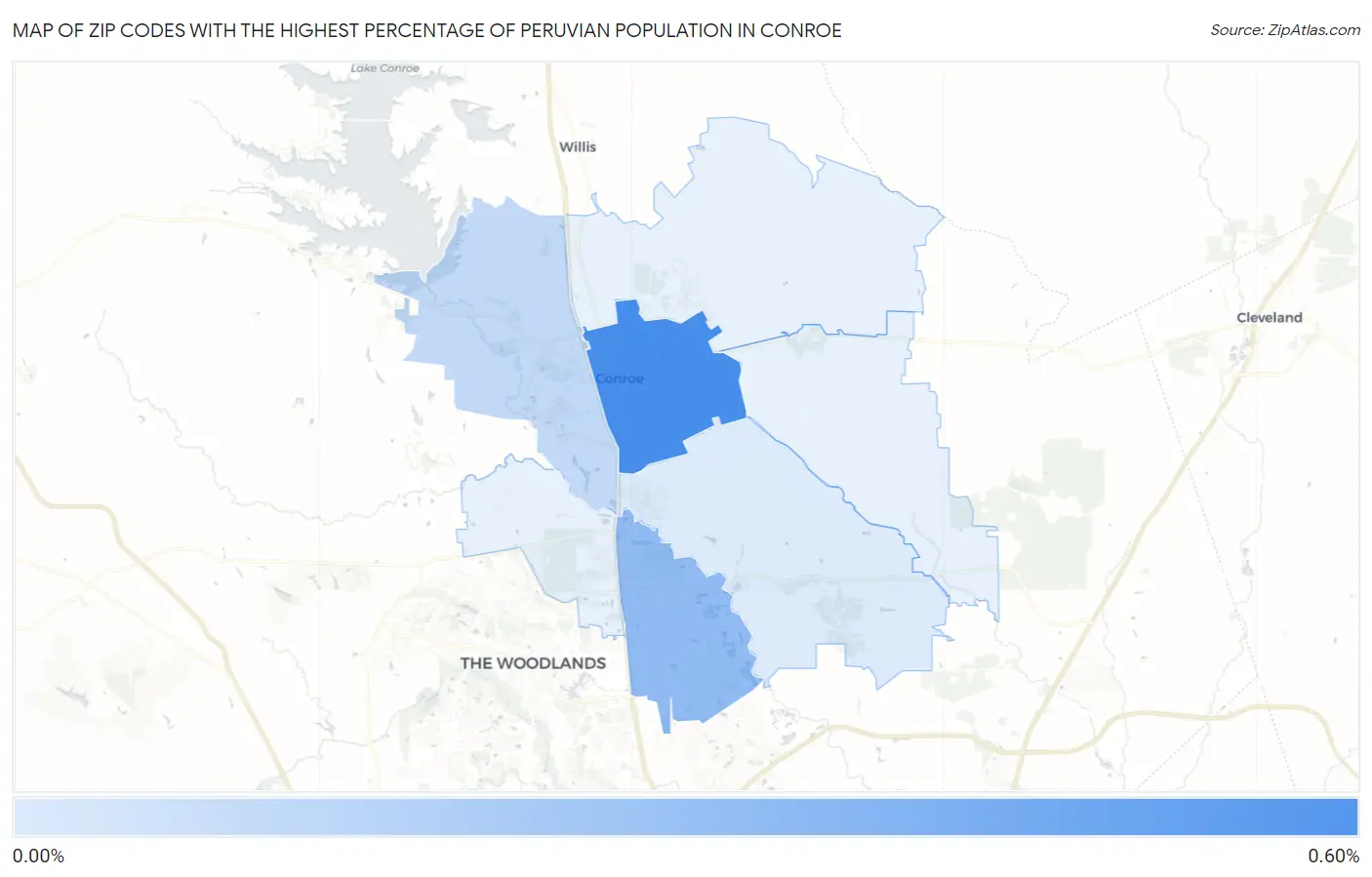 Zip Codes with the Highest Percentage of Peruvian Population in Conroe Map