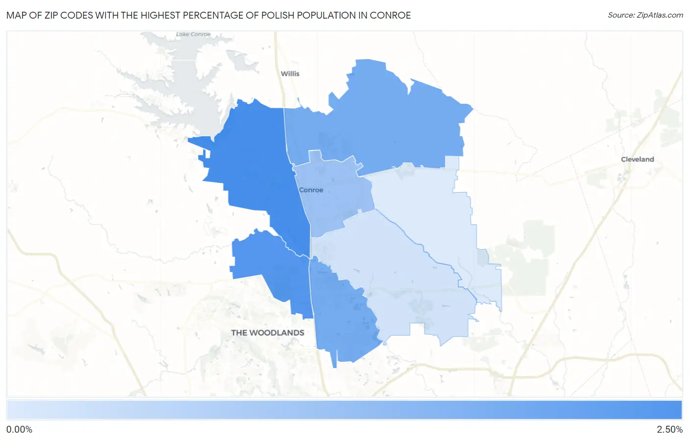 Zip Codes with the Highest Percentage of Polish Population in Conroe Map
