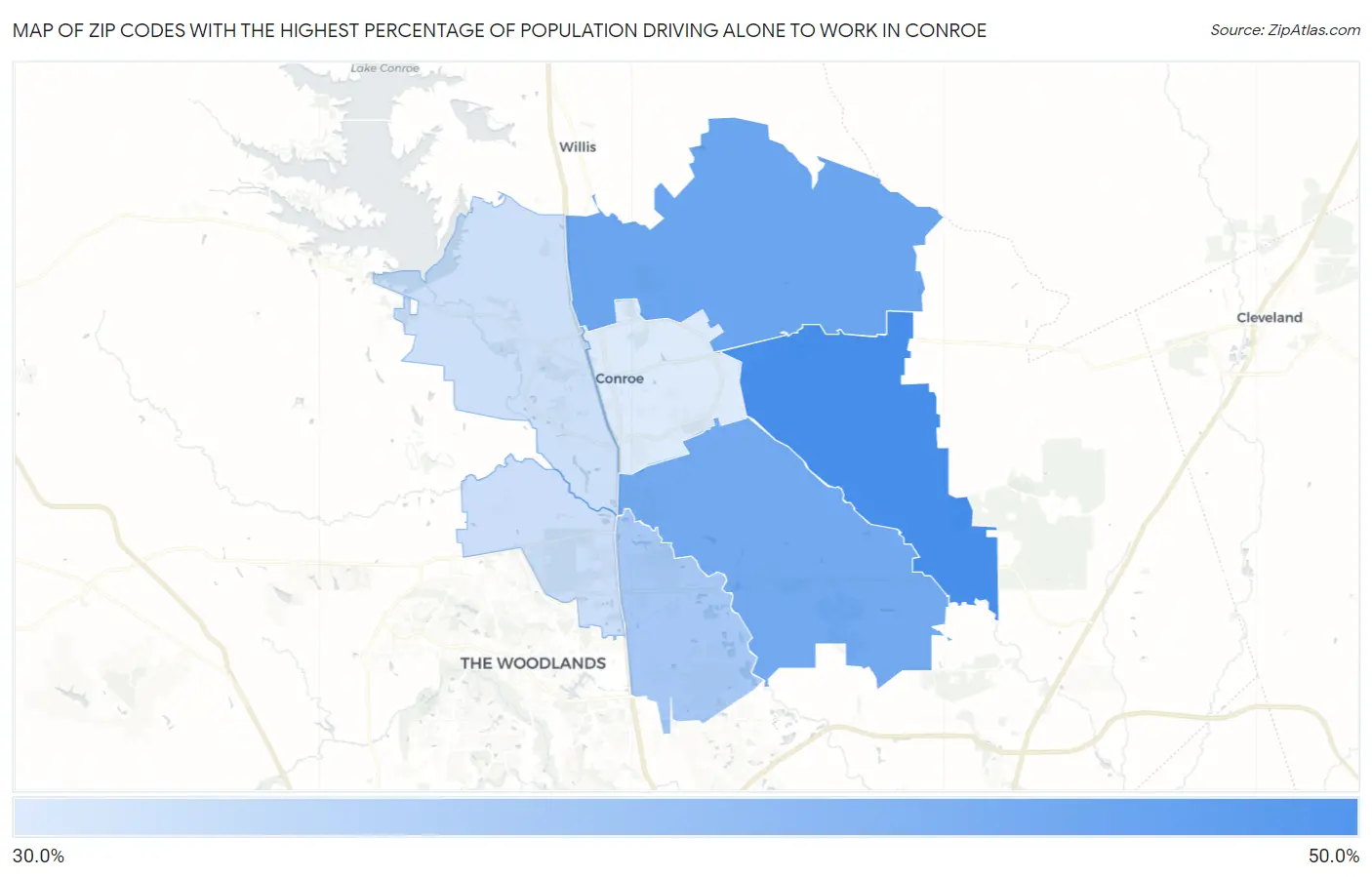 Zip Codes with the Highest Percentage of Population Driving Alone to Work in Conroe Map