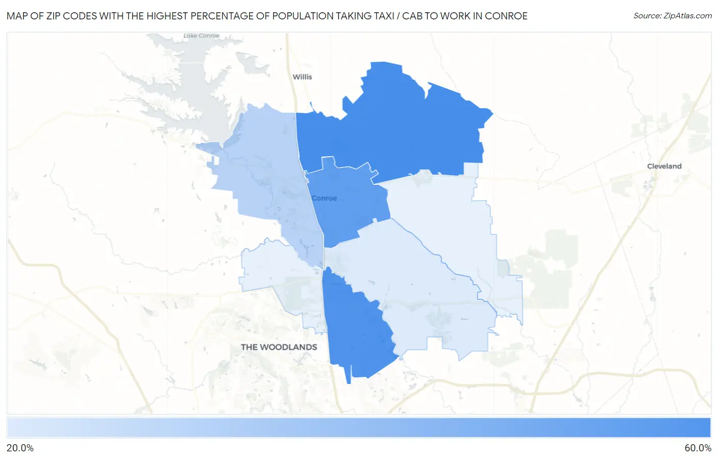 Zip Codes with the Highest Percentage of Population Taking Taxi / Cab to Work in Conroe Map