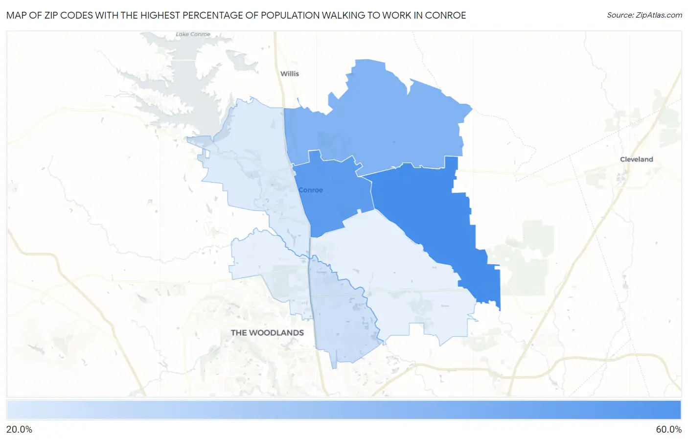 Zip Codes with the Highest Percentage of Population Walking to Work in Conroe Map