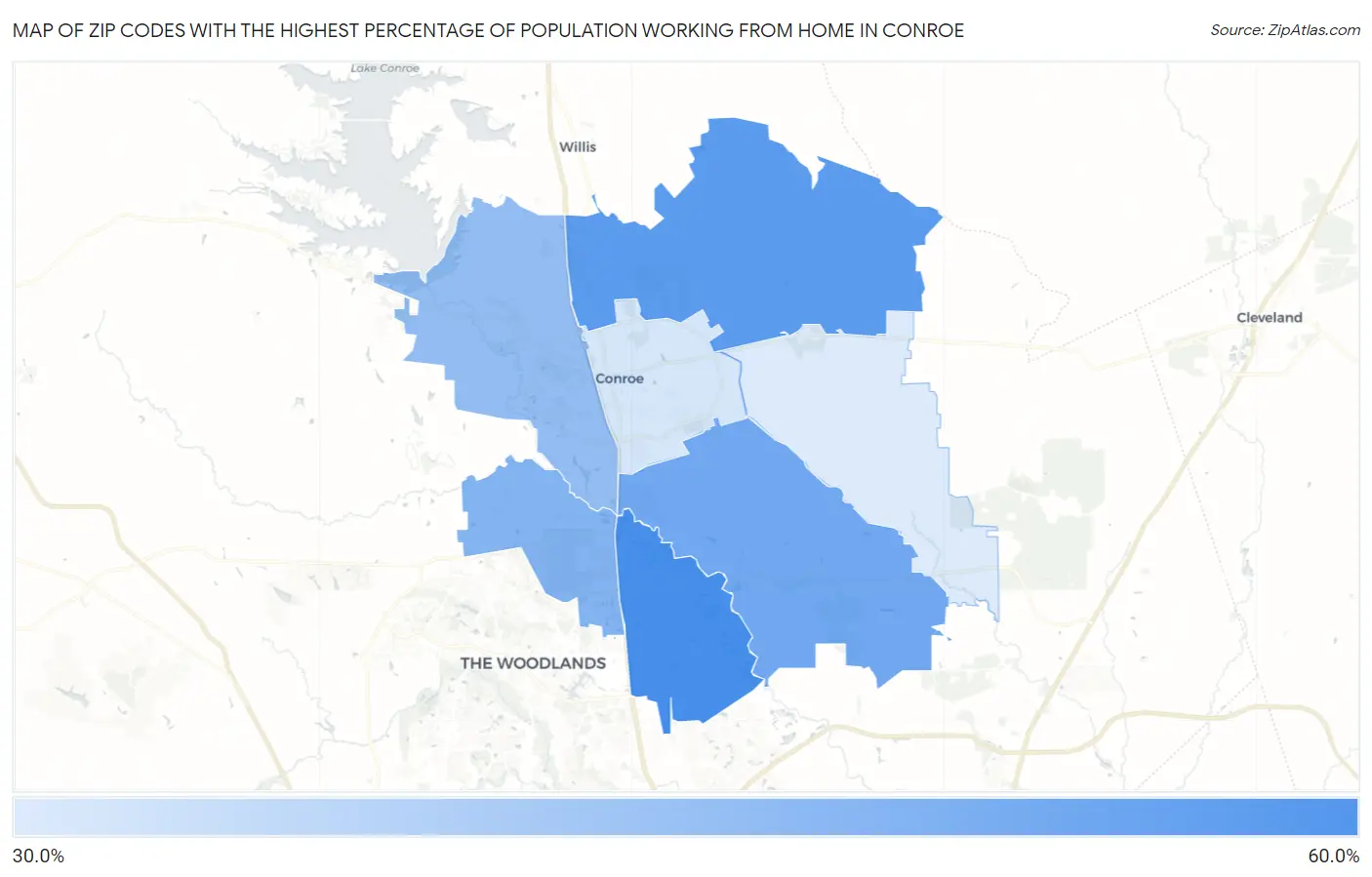 Zip Codes with the Highest Percentage of Population Working from Home in Conroe Map