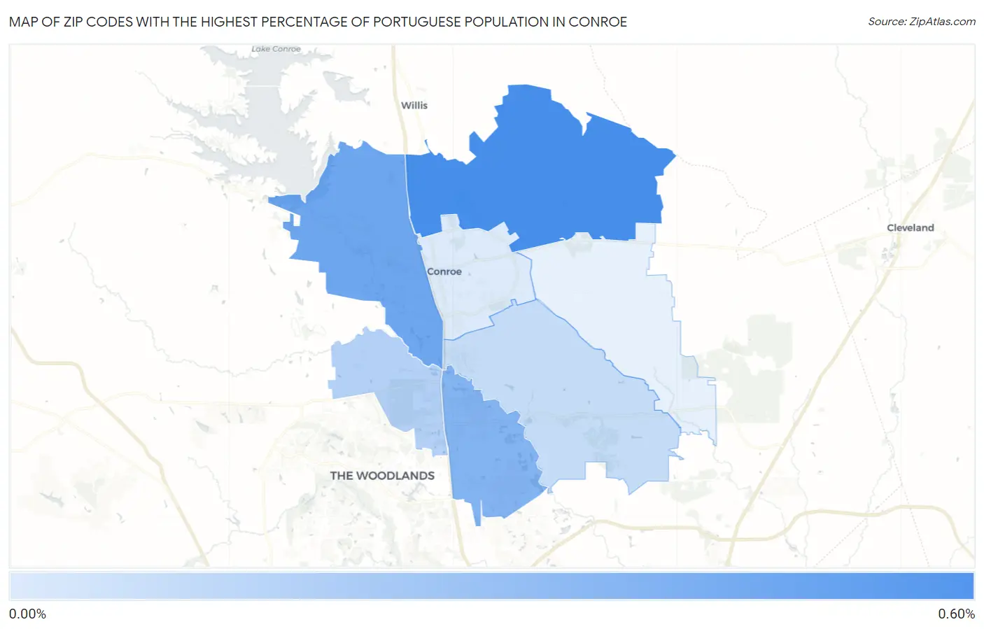 Zip Codes with the Highest Percentage of Portuguese Population in Conroe Map