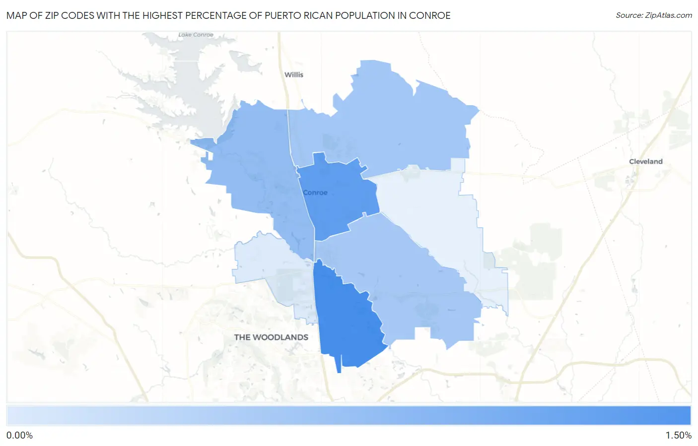 Zip Codes with the Highest Percentage of Puerto Rican Population in Conroe Map