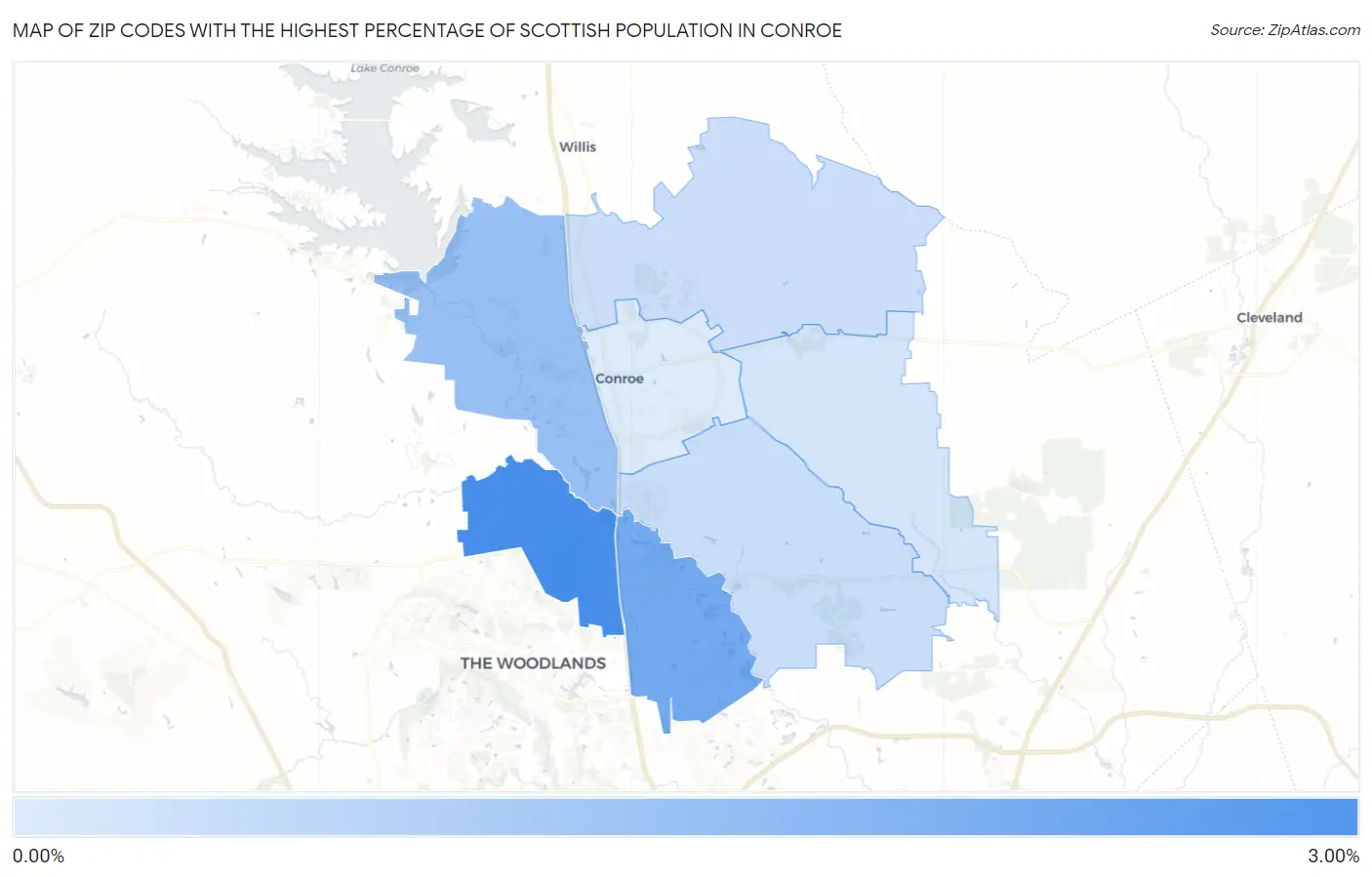 Zip Codes with the Highest Percentage of Scottish Population in Conroe Map