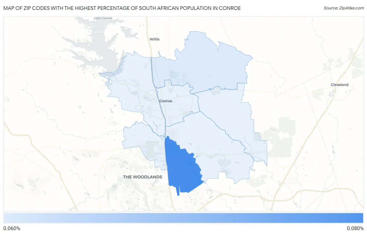 Zip Codes with the Highest Percentage of South African Population in Conroe Map