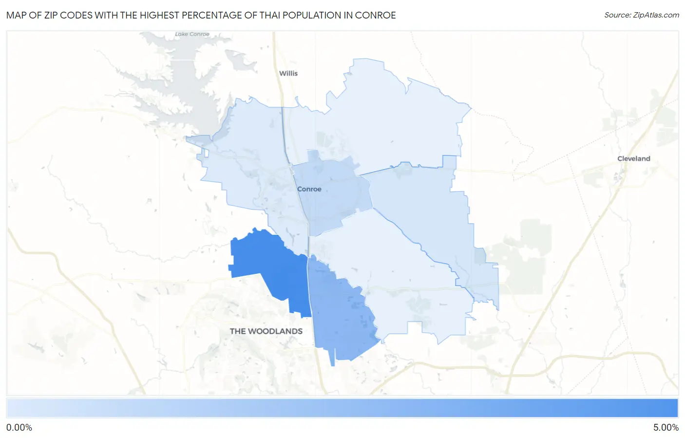 Zip Codes with the Highest Percentage of Thai Population in Conroe Map