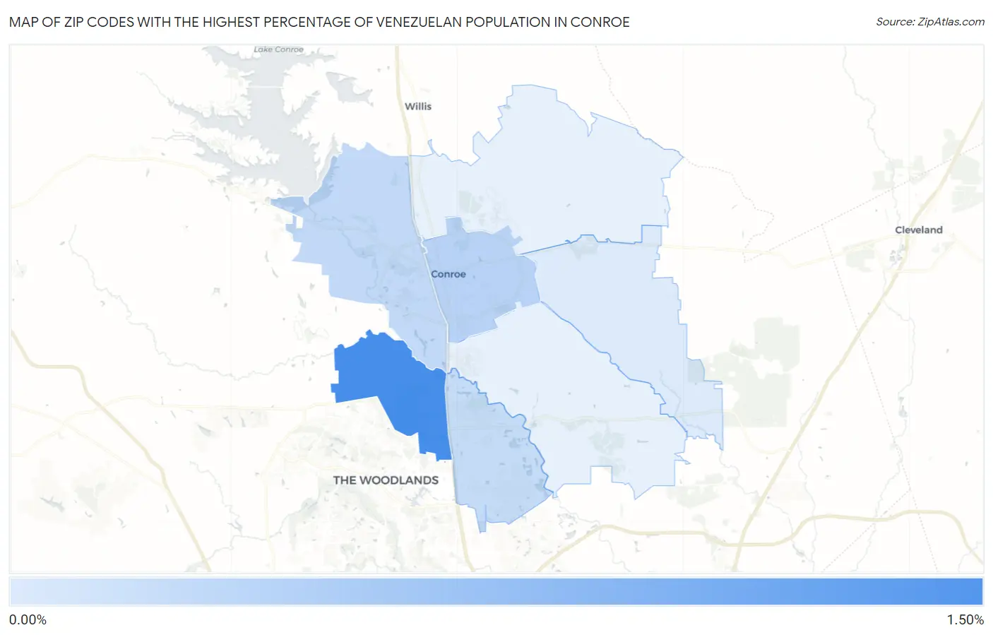 Zip Codes with the Highest Percentage of Venezuelan Population in Conroe Map