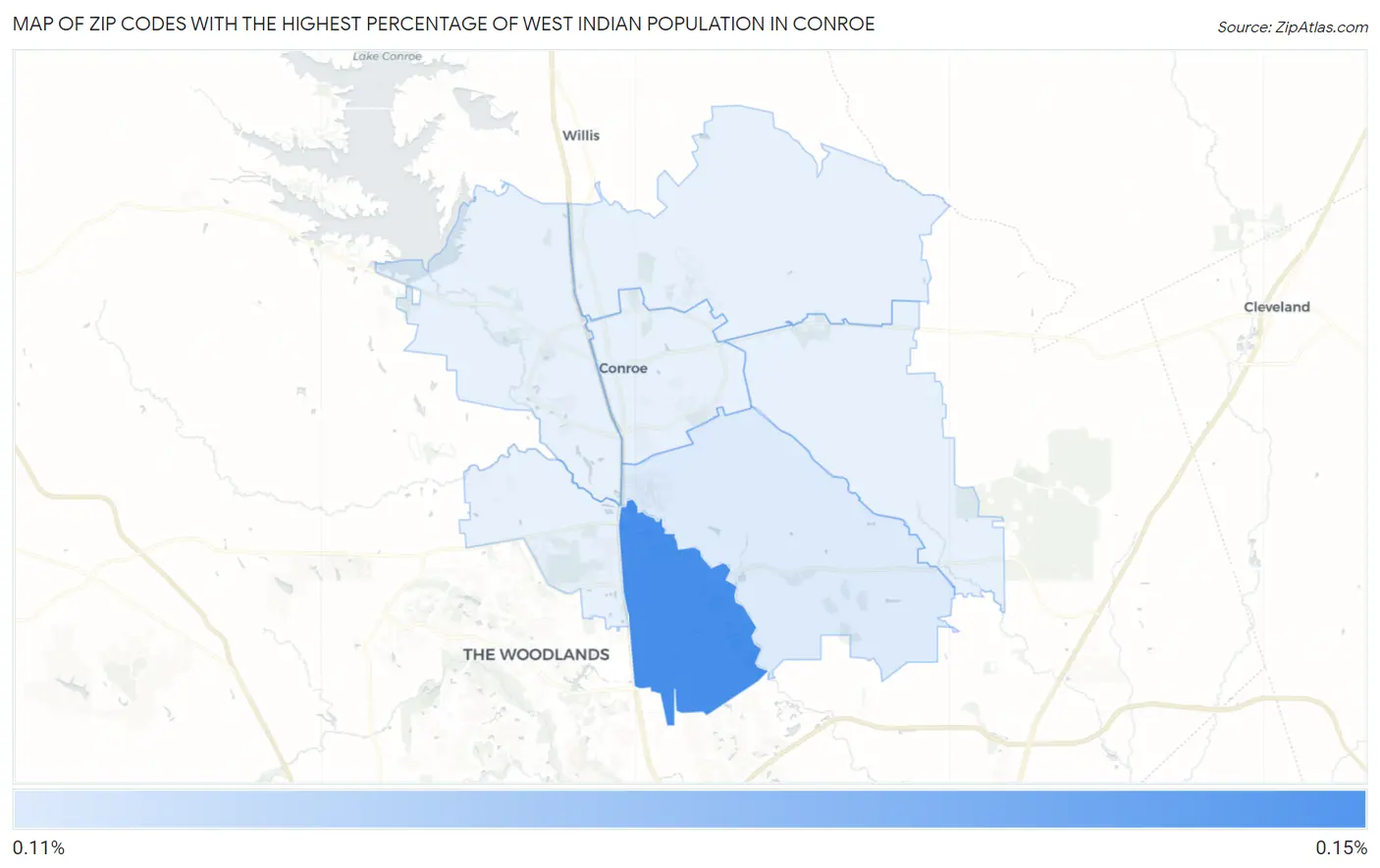 Zip Codes with the Highest Percentage of West Indian Population in Conroe Map
