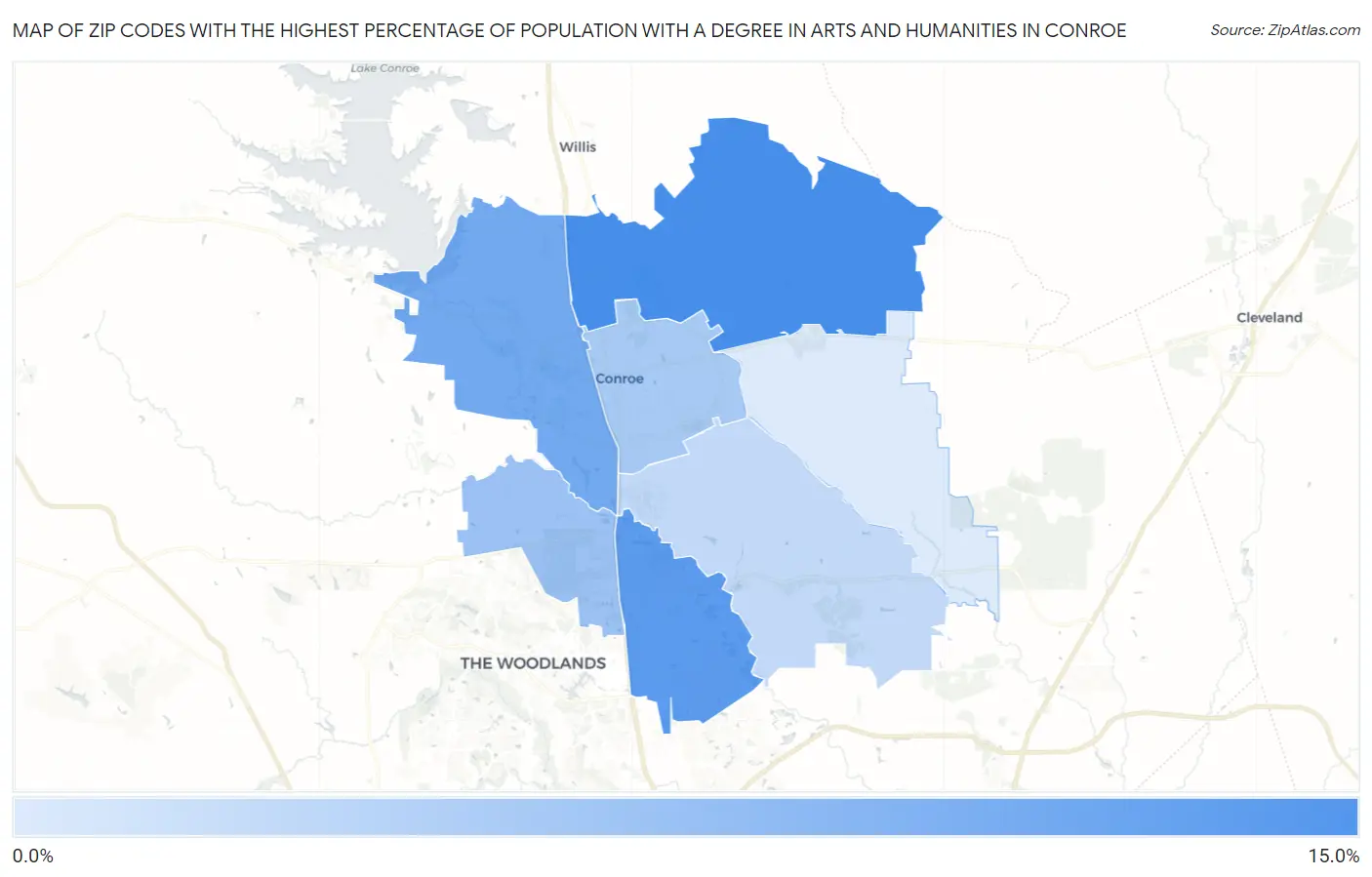 Zip Codes with the Highest Percentage of Population with a Degree in Arts and Humanities in Conroe Map