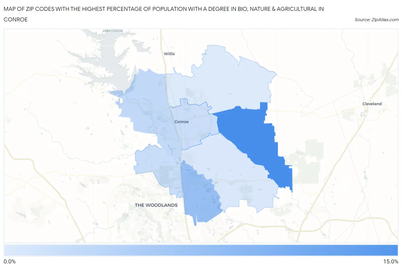 Zip Codes with the Highest Percentage of Population with a Degree in Bio, Nature & Agricultural in Conroe Map