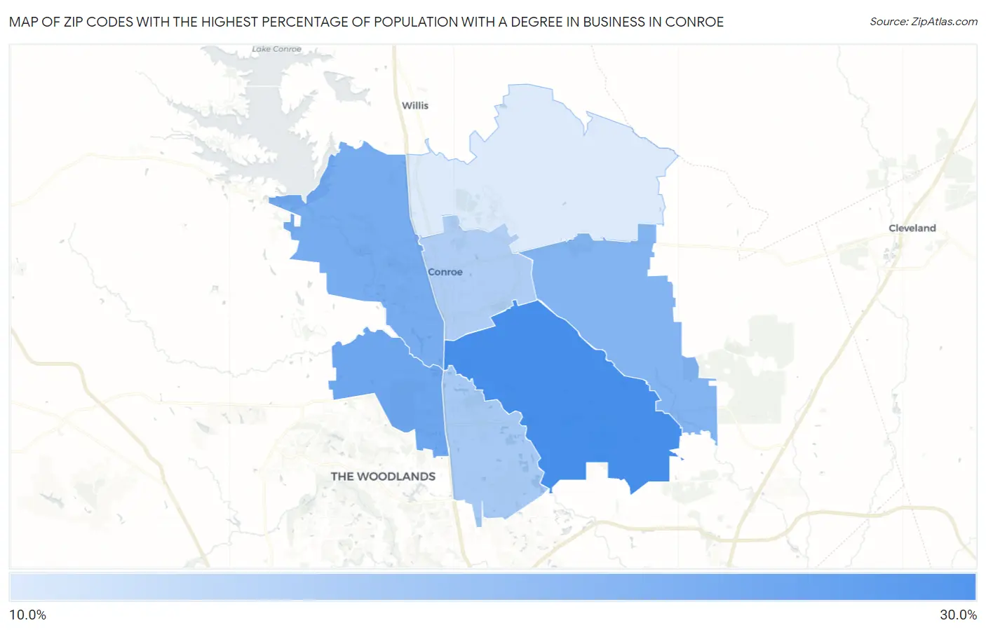 Zip Codes with the Highest Percentage of Population with a Degree in Business in Conroe Map
