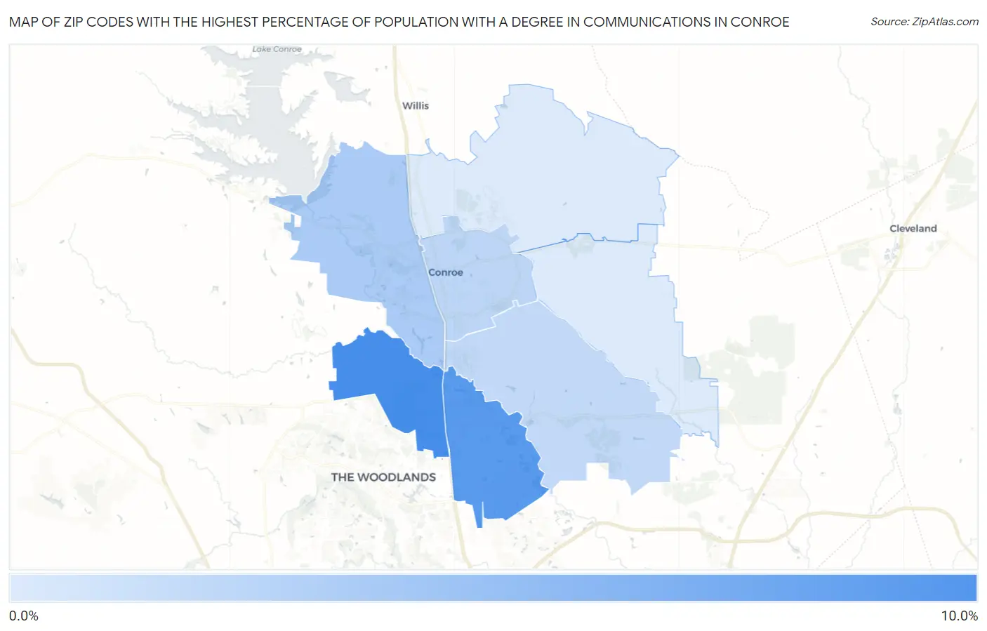 Zip Codes with the Highest Percentage of Population with a Degree in Communications in Conroe Map