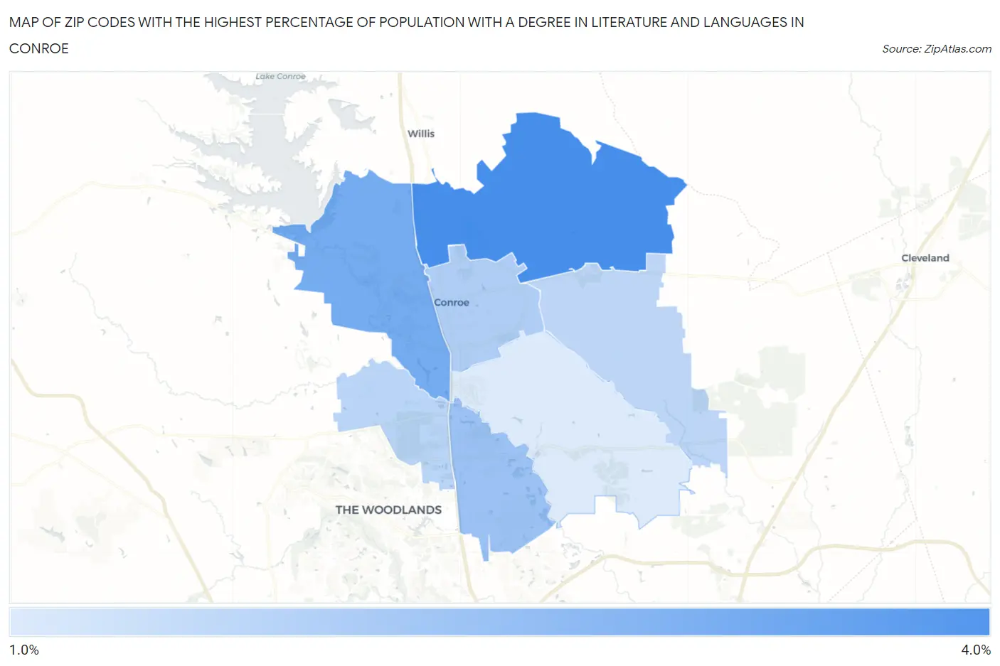 Zip Codes with the Highest Percentage of Population with a Degree in Literature and Languages in Conroe Map