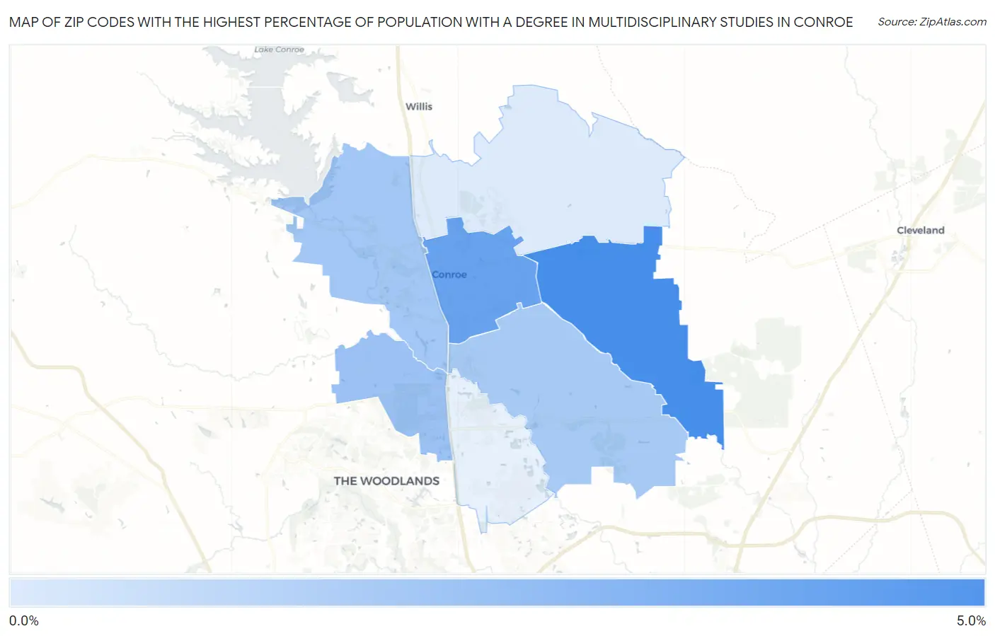 Zip Codes with the Highest Percentage of Population with a Degree in Multidisciplinary Studies in Conroe Map
