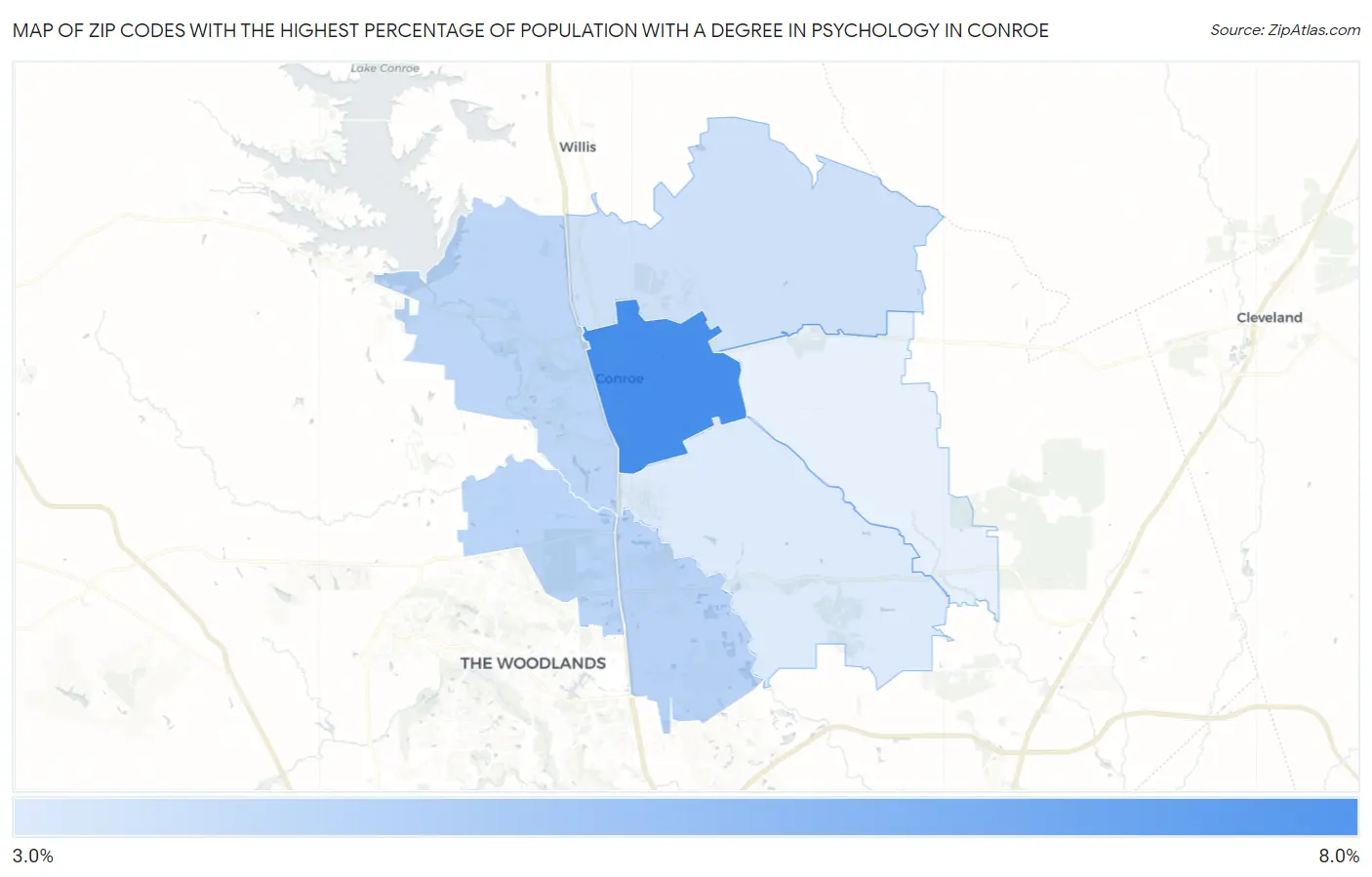 Zip Codes with the Highest Percentage of Population with a Degree in Psychology in Conroe Map