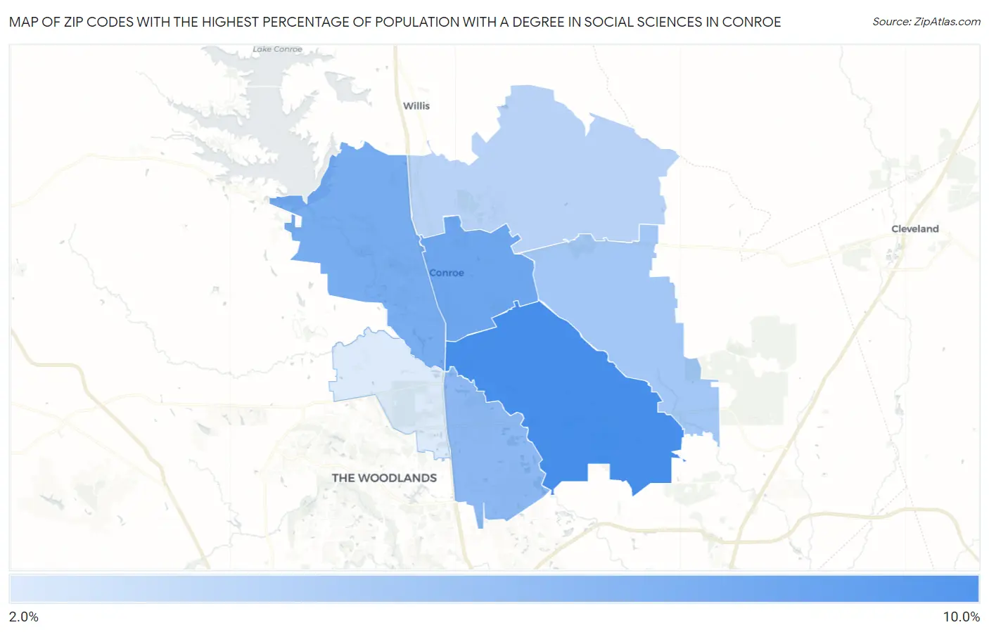 Zip Codes with the Highest Percentage of Population with a Degree in Social Sciences in Conroe Map