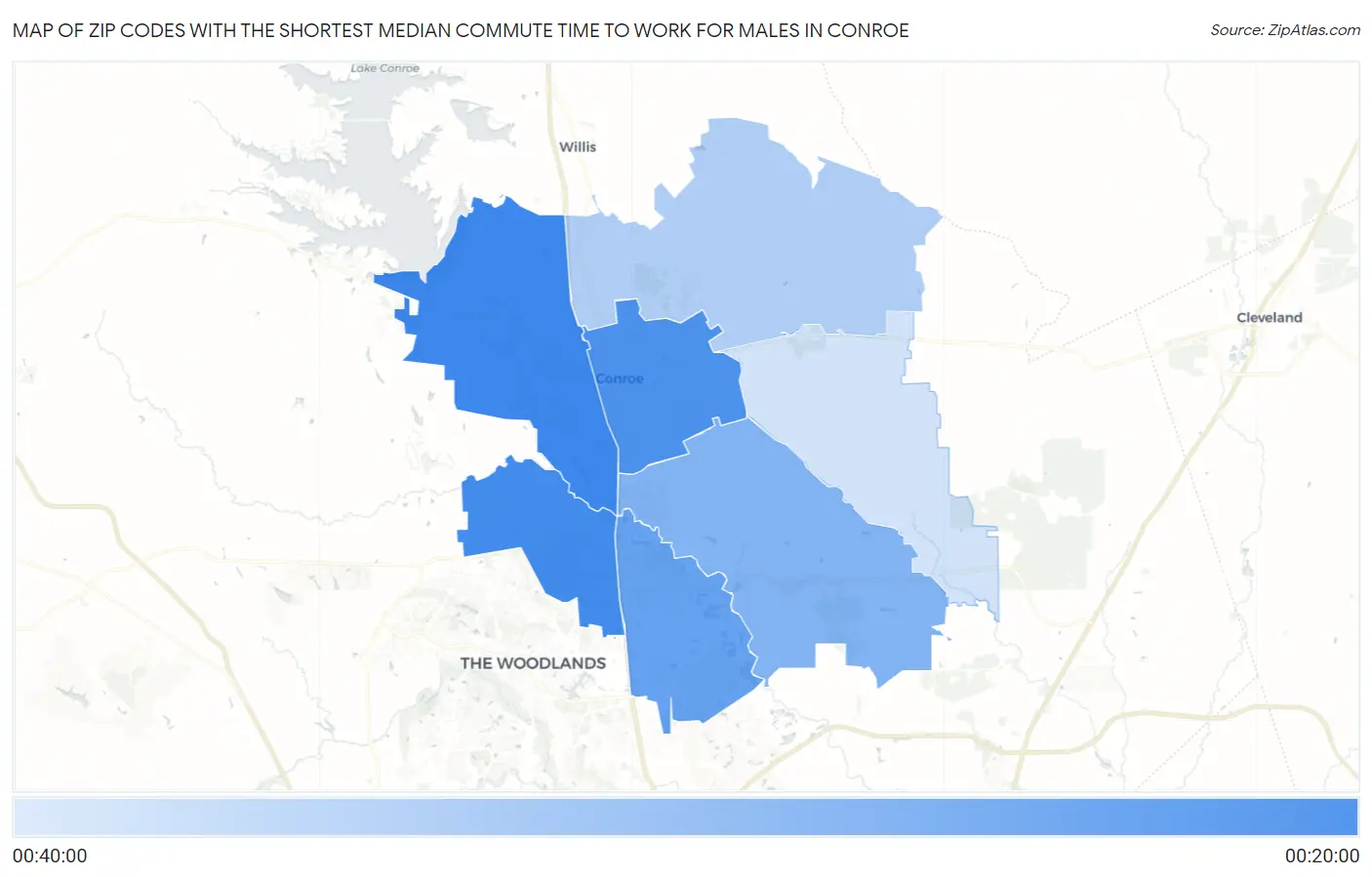 Zip Codes with the Shortest Median Commute Time to Work for Males in Conroe Map
