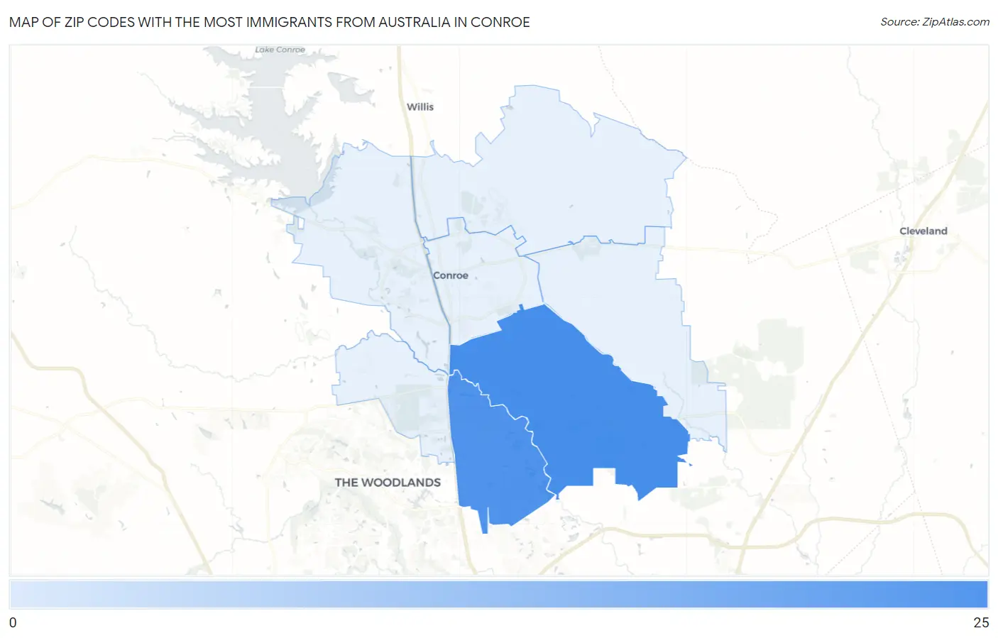 Zip Codes with the Most Immigrants from Australia in Conroe Map