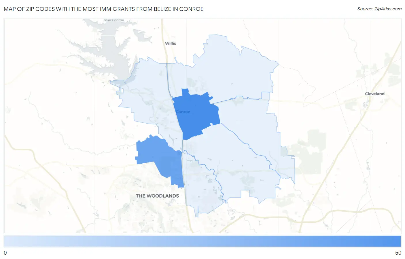 Zip Codes with the Most Immigrants from Belize in Conroe Map