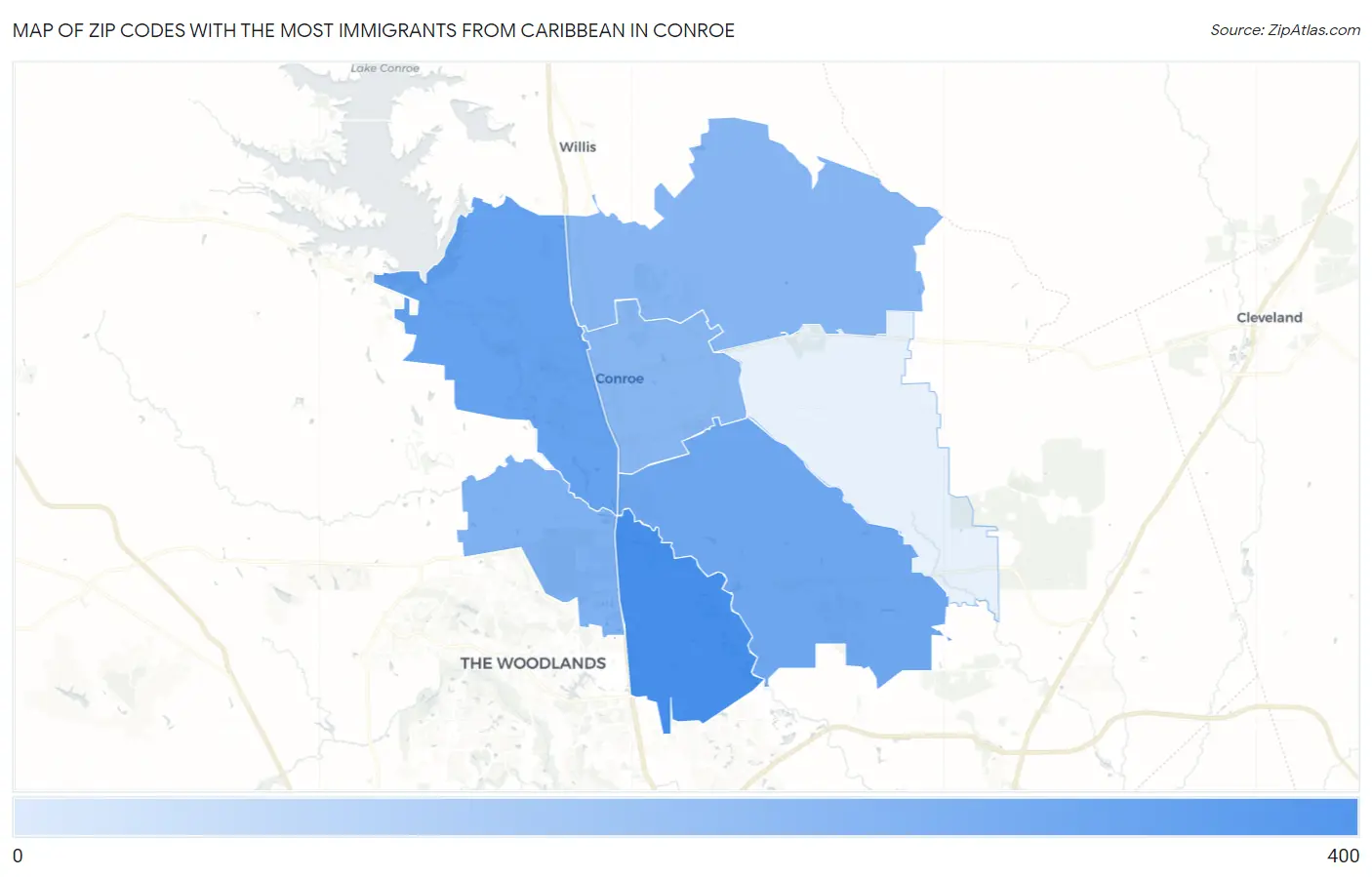 Zip Codes with the Most Immigrants from Caribbean in Conroe Map