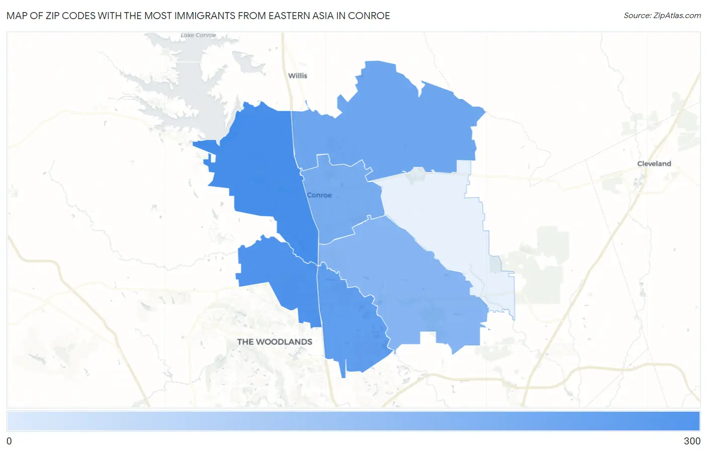 Zip Codes with the Most Immigrants from Eastern Asia in Conroe Map