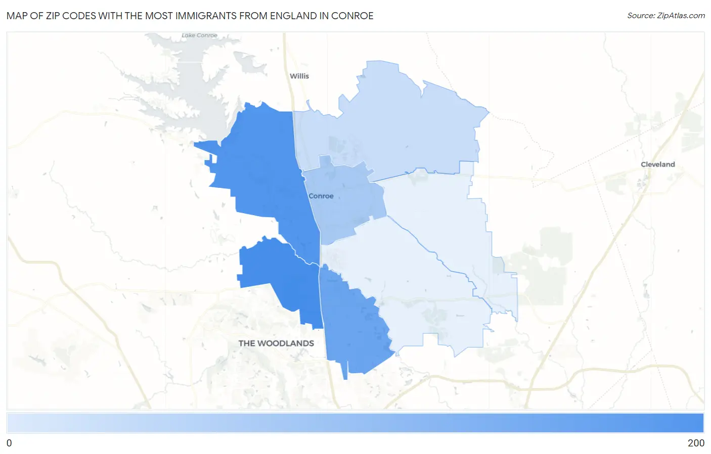 Zip Codes with the Most Immigrants from England in Conroe Map
