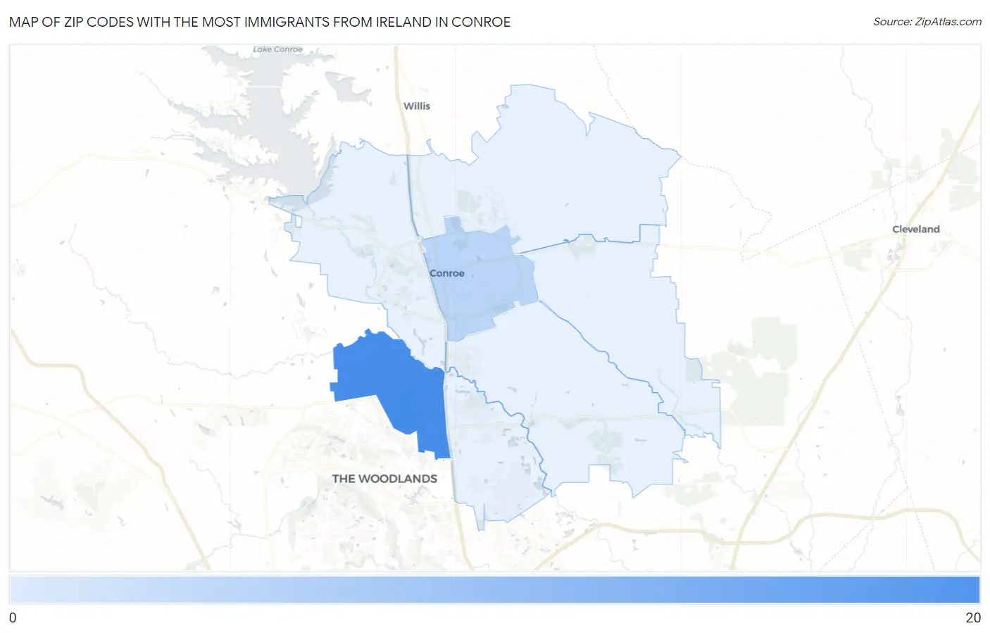 Zip Codes with the Most Immigrants from Ireland in Conroe Map
