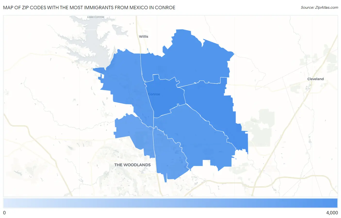 Zip Codes with the Most Immigrants from Mexico in Conroe Map