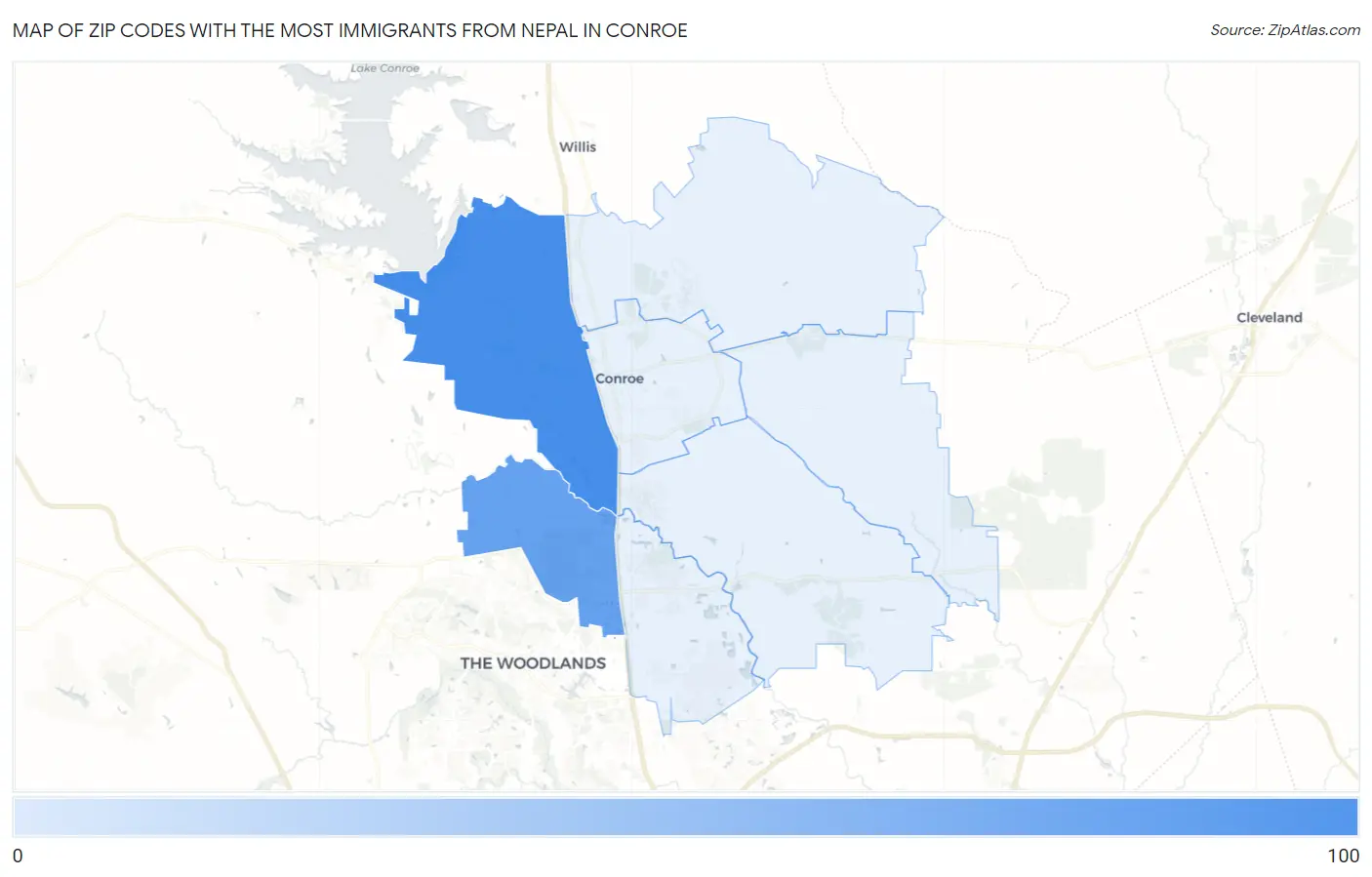 Zip Codes with the Most Immigrants from Nepal in Conroe Map