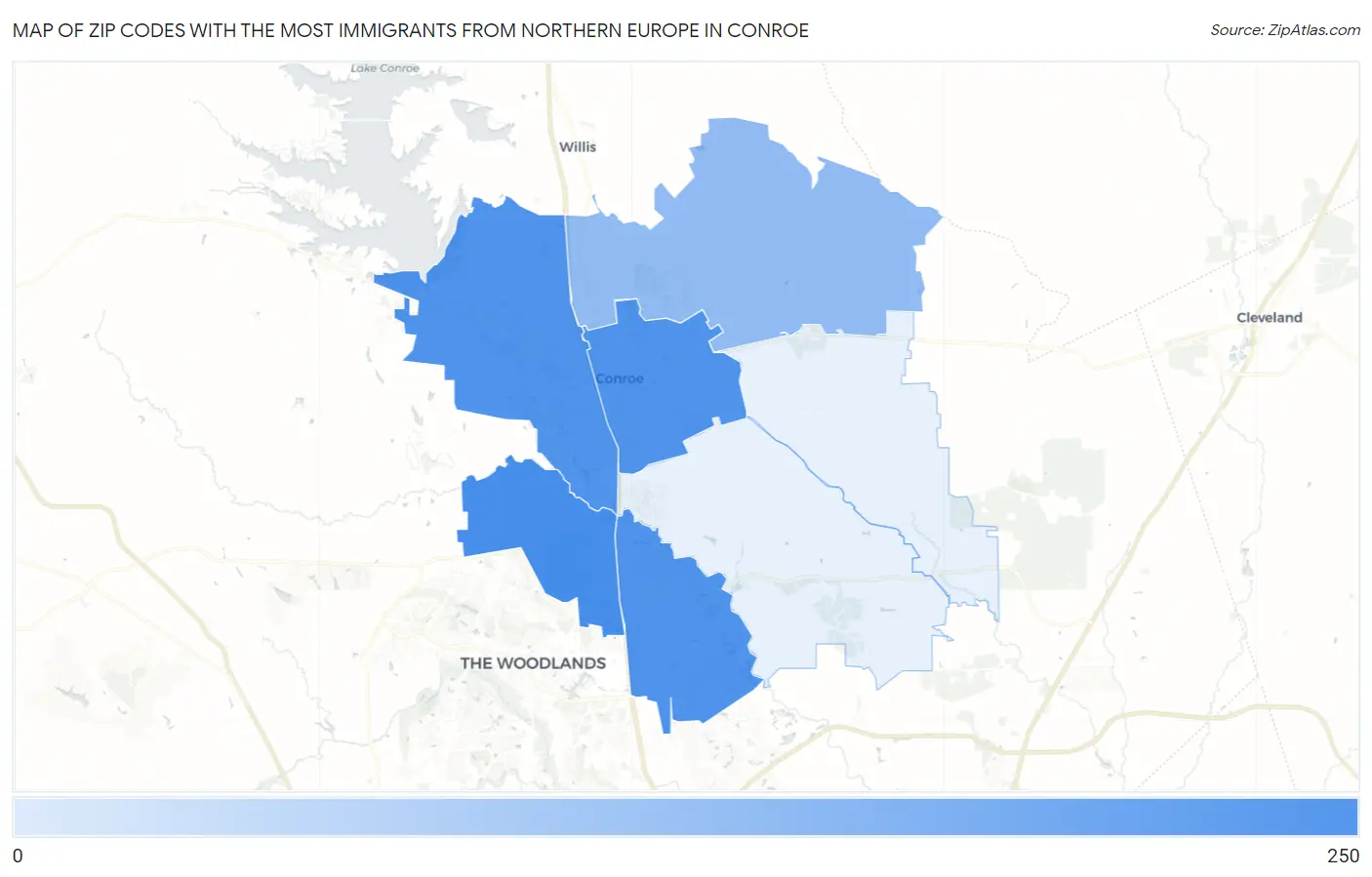 Zip Codes with the Most Immigrants from Northern Europe in Conroe Map