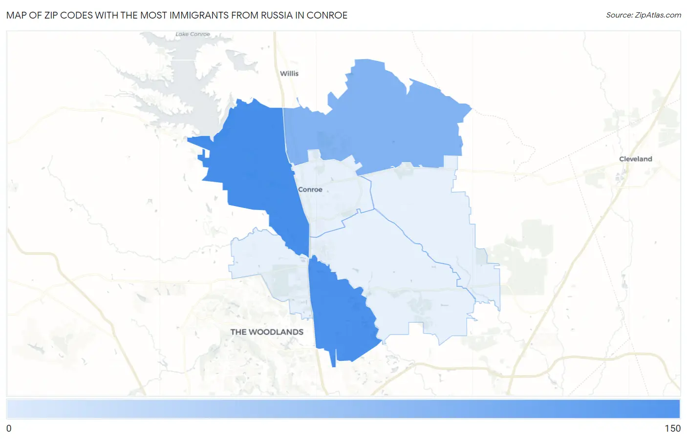 Zip Codes with the Most Immigrants from Russia in Conroe Map