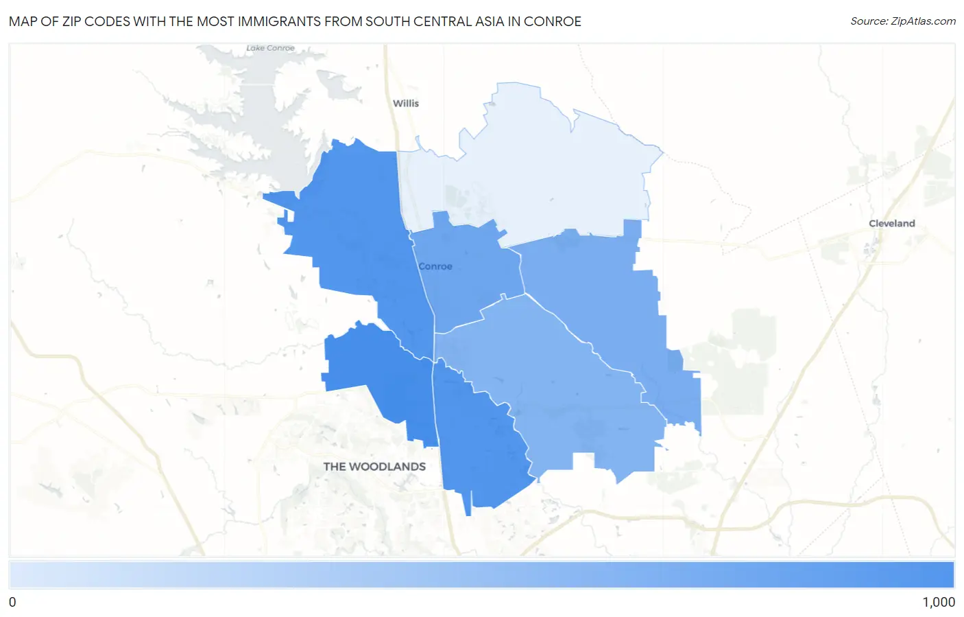 Zip Codes with the Most Immigrants from South Central Asia in Conroe Map