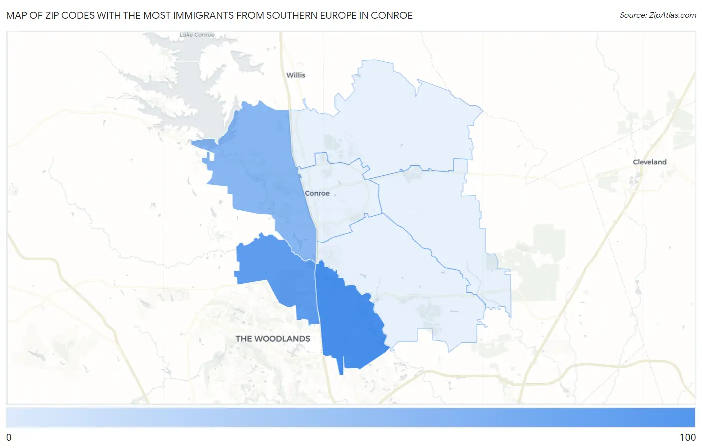 Zip Codes with the Most Immigrants from Southern Europe in Conroe Map