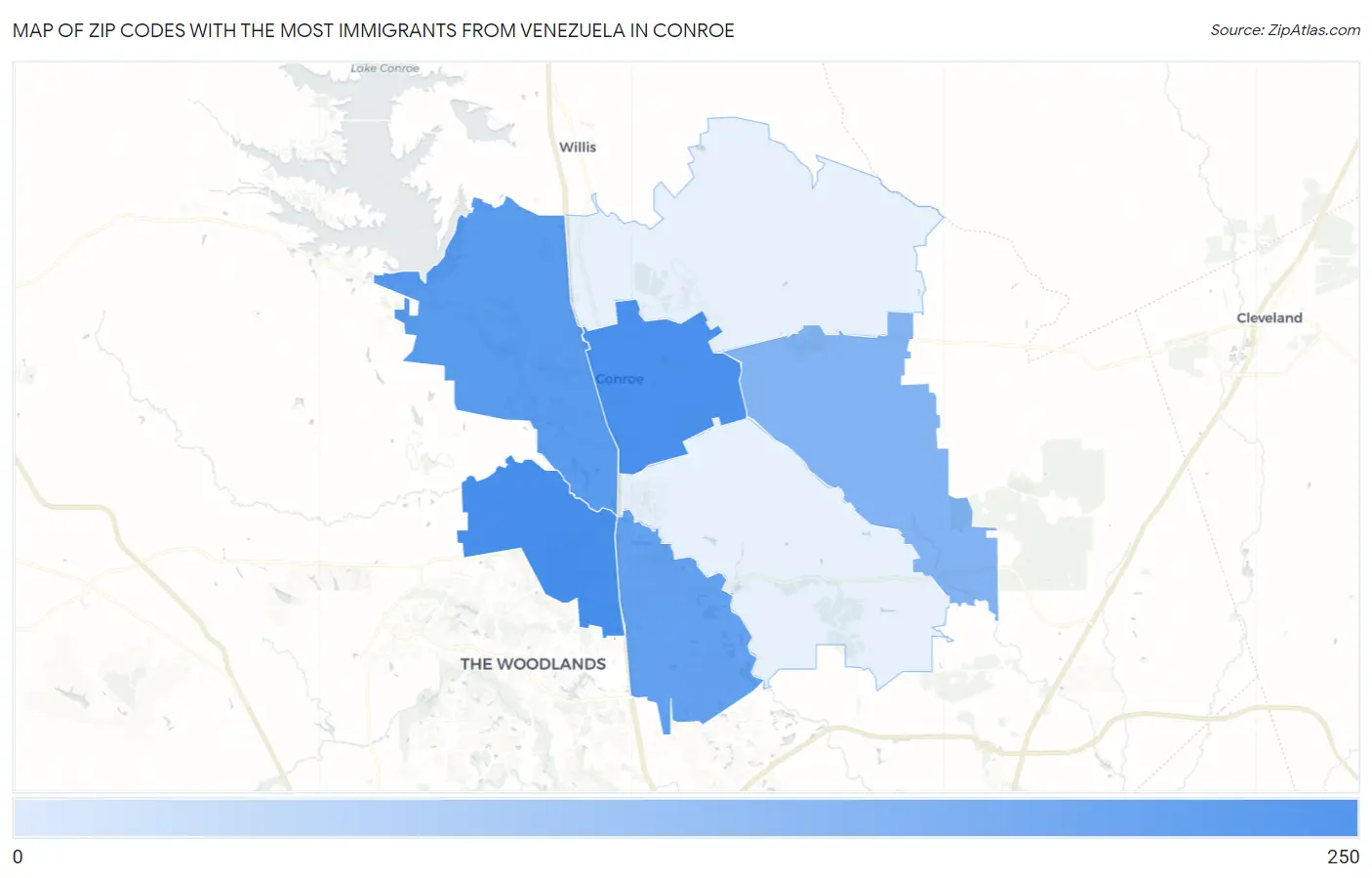Zip Codes with the Most Immigrants from Venezuela in Conroe Map