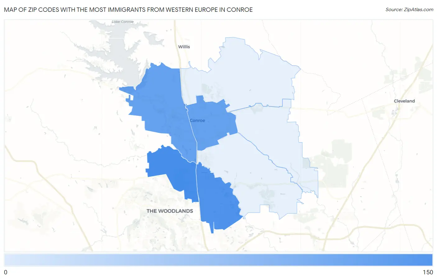 Zip Codes with the Most Immigrants from Western Europe in Conroe Map