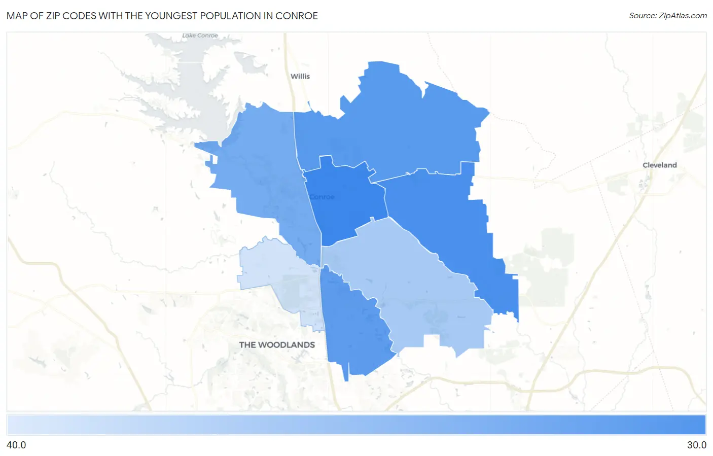 Zip Codes with the Youngest Population in Conroe Map