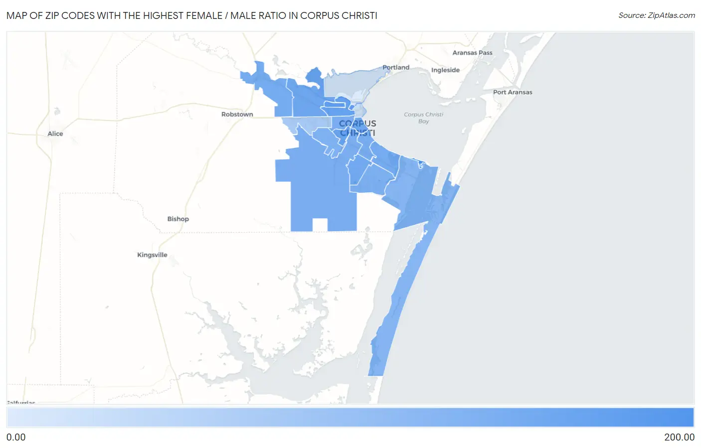Zip Codes with the Highest Female / Male Ratio in Corpus Christi Map