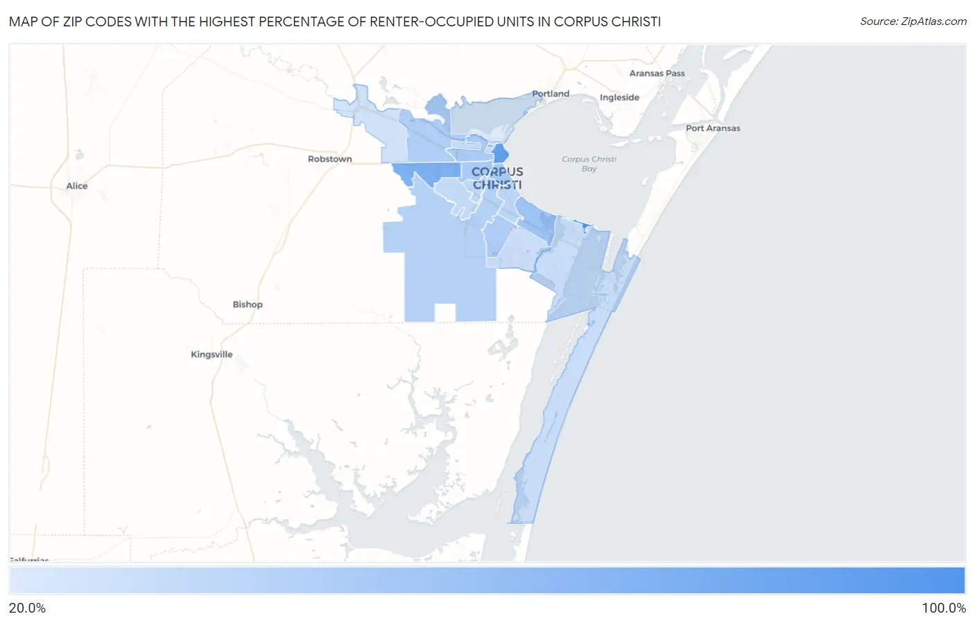 Zip Codes with the Highest Percentage of Renter-Occupied Units in Corpus Christi Map