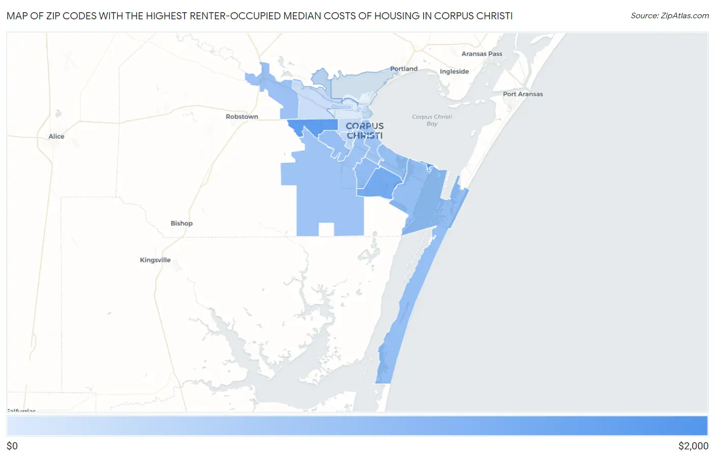 Zip Codes with the Highest Renter-Occupied Median Costs of Housing in Corpus Christi Map