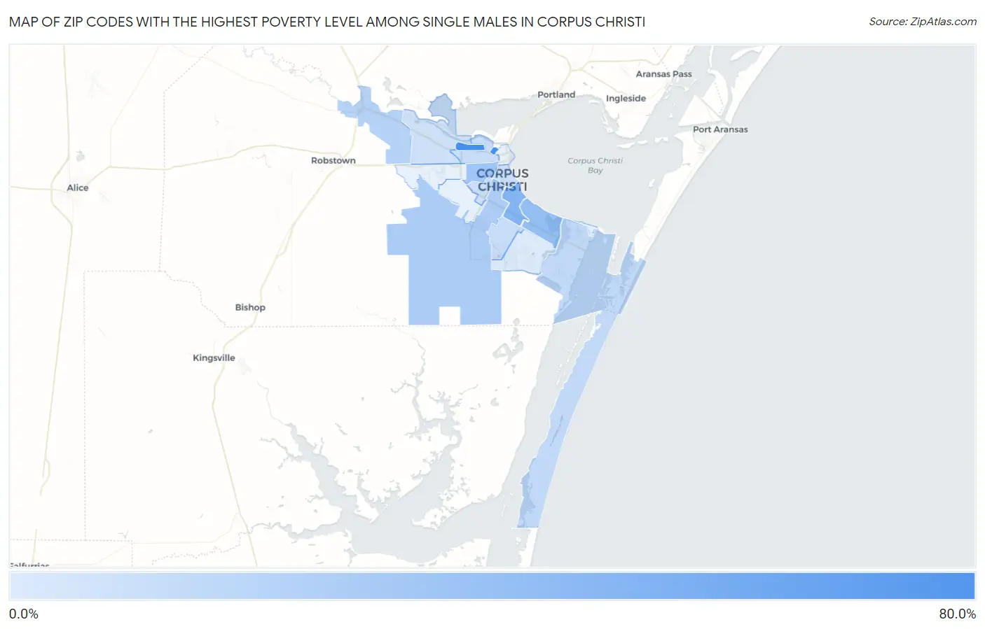 Zip Codes with the Highest Poverty Level Among Single Males in Corpus Christi Map