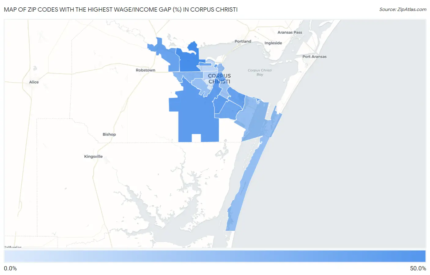 Zip Codes with the Highest Wage/Income Gap (%) in Corpus Christi Map