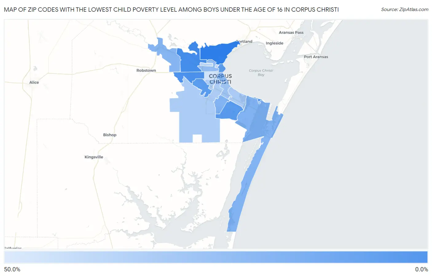 Zip Codes with the Lowest Child Poverty Level Among Boys Under the Age of 16 in Corpus Christi Map