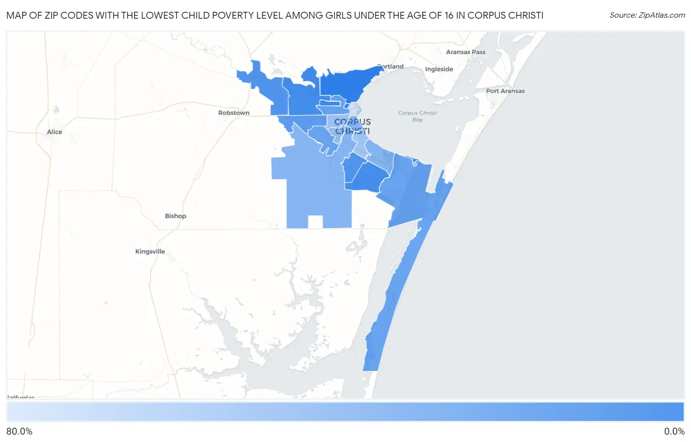 Zip Codes with the Lowest Child Poverty Level Among Girls Under the Age of 16 in Corpus Christi Map